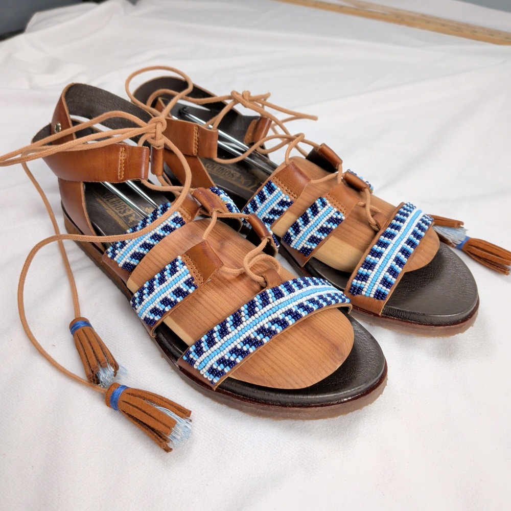 Pikolinos Maasai Project Brown Leather Beaded Ankle Tie Gladiator Sandals Spain